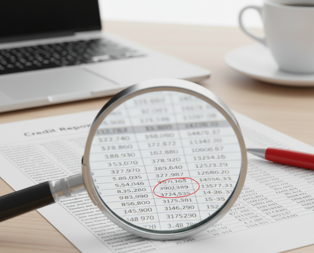 Image of a magnifying glass highlighting specific text on a credit report